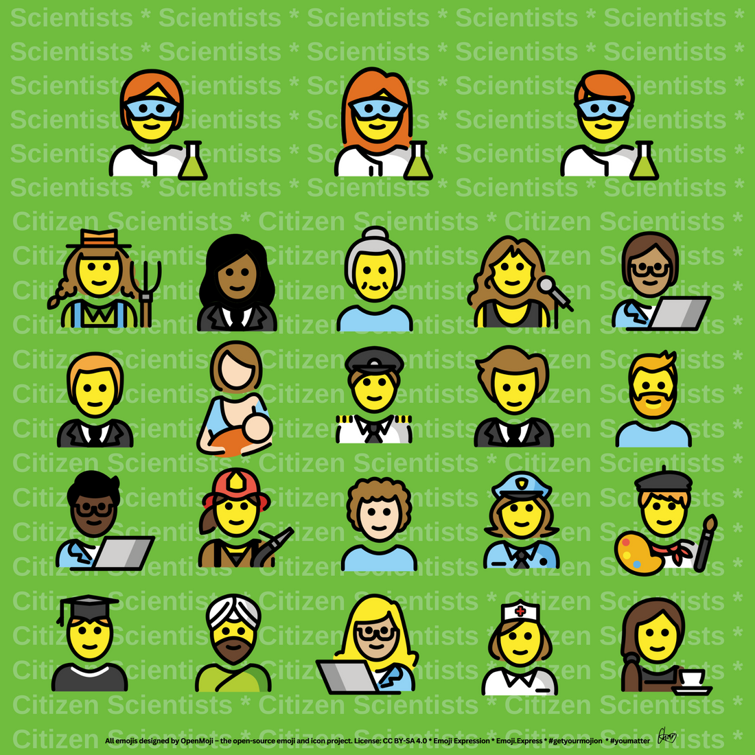 Bright green background with three scientist emoji. Below, diverse emoji representing people of all ages, backgrounds, and abilities labeled 'Citizen Scientist'. Illustrates the inclusive nature of Citizen Science.