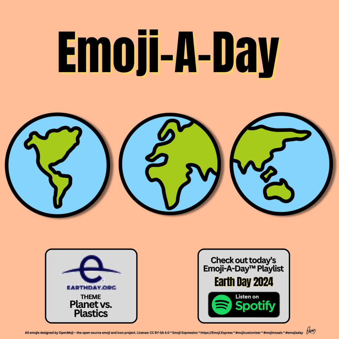 Emoij-A-Day theme with Globe Showing Americas, Globe Showing Asia-Australia and Globe Showing Europe-Africa emoji and Earth Day 2024 Spotify Playlist 