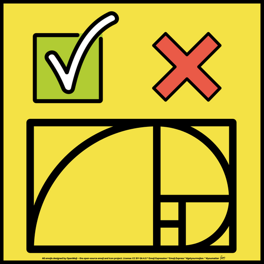 Black line drawing of the Golden Ratio on a yellow background. A green checkmark emoji and a red X emoji hover above it, symbolizing positive and negative associations with the Golden Ratio.
