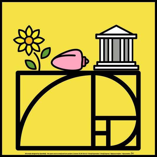 Black line drawing of the Golden Ratio on a yellow background.  Overlapping the Golden Ratio are emojis for a flower 🌸, a seashell 🐚, and a classical building 🏛️, symbolizing the Golden Ratio's presence in nature and architecture.