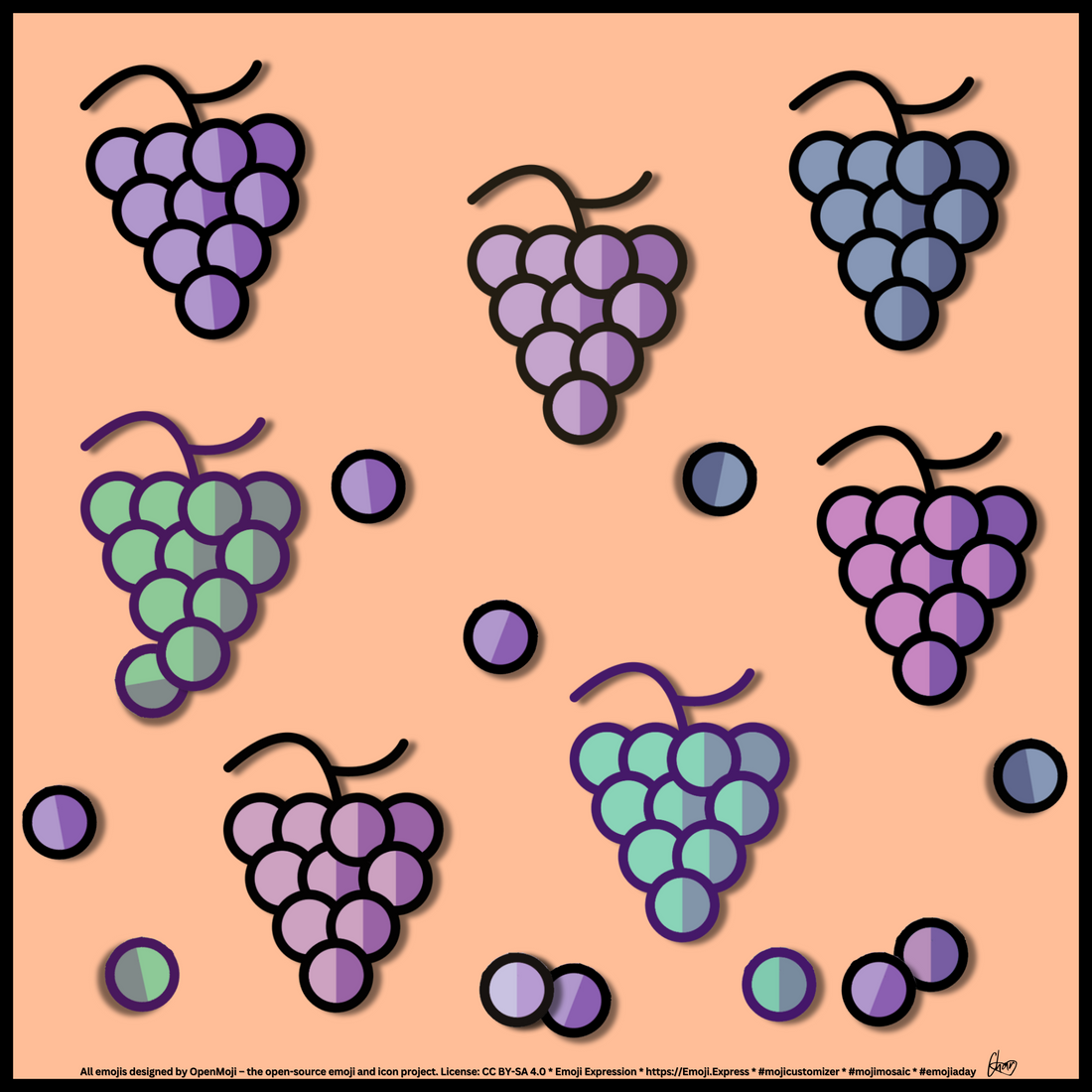 Seven bunches of grapes with a variety of colors and shades of greens, reds, and purples, dark purple.&nbsp;Several single grapes scattered around the main bunches, but still close by.