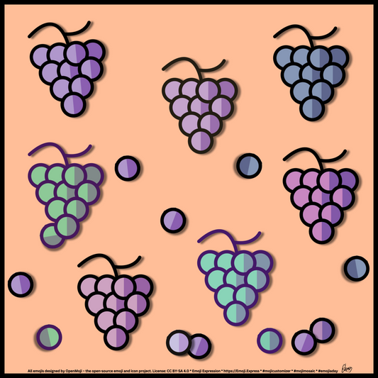 Seven bunches of grapes with a variety of colors and shades of greens, reds, and purples, dark purple.&nbsp;Several single grapes scattered around the main bunches, but still close by.