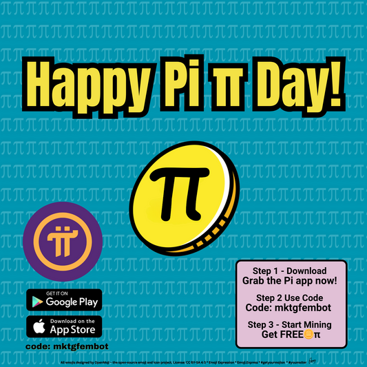 Embrace the future of finance! Download the Pi Network app today (Google Play & Apple Store) with code "mktgfembot." The image has a teal background with a white Pi symbol pattern.