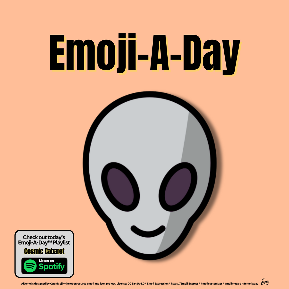 Emoij-A-Day theme with Alien emoji and Cosmic Cabaret Spotify Playlist
