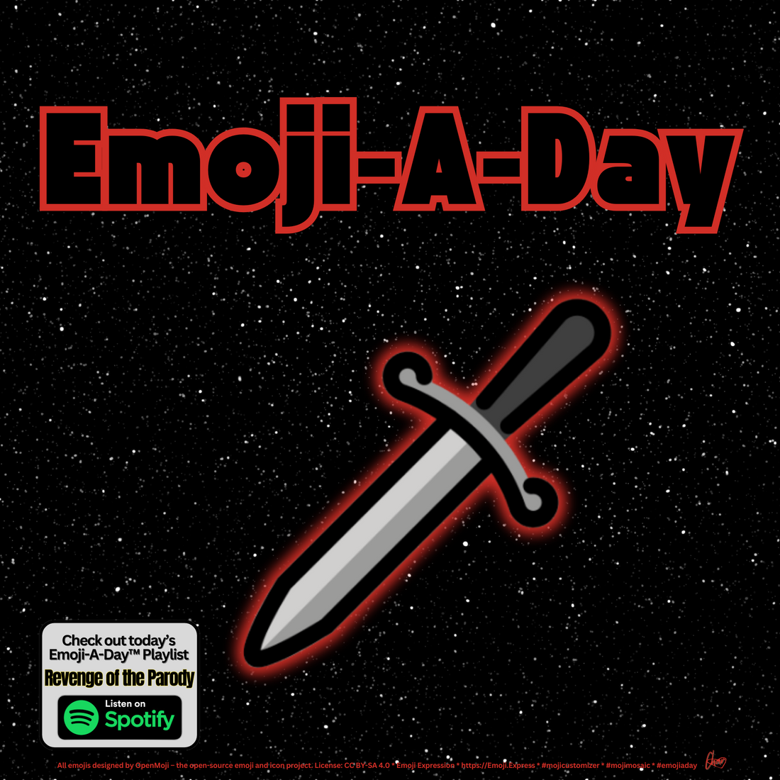 Emoij-A-Day theme with Dagger emoji and Revenge of the Parody Spotify Playlist