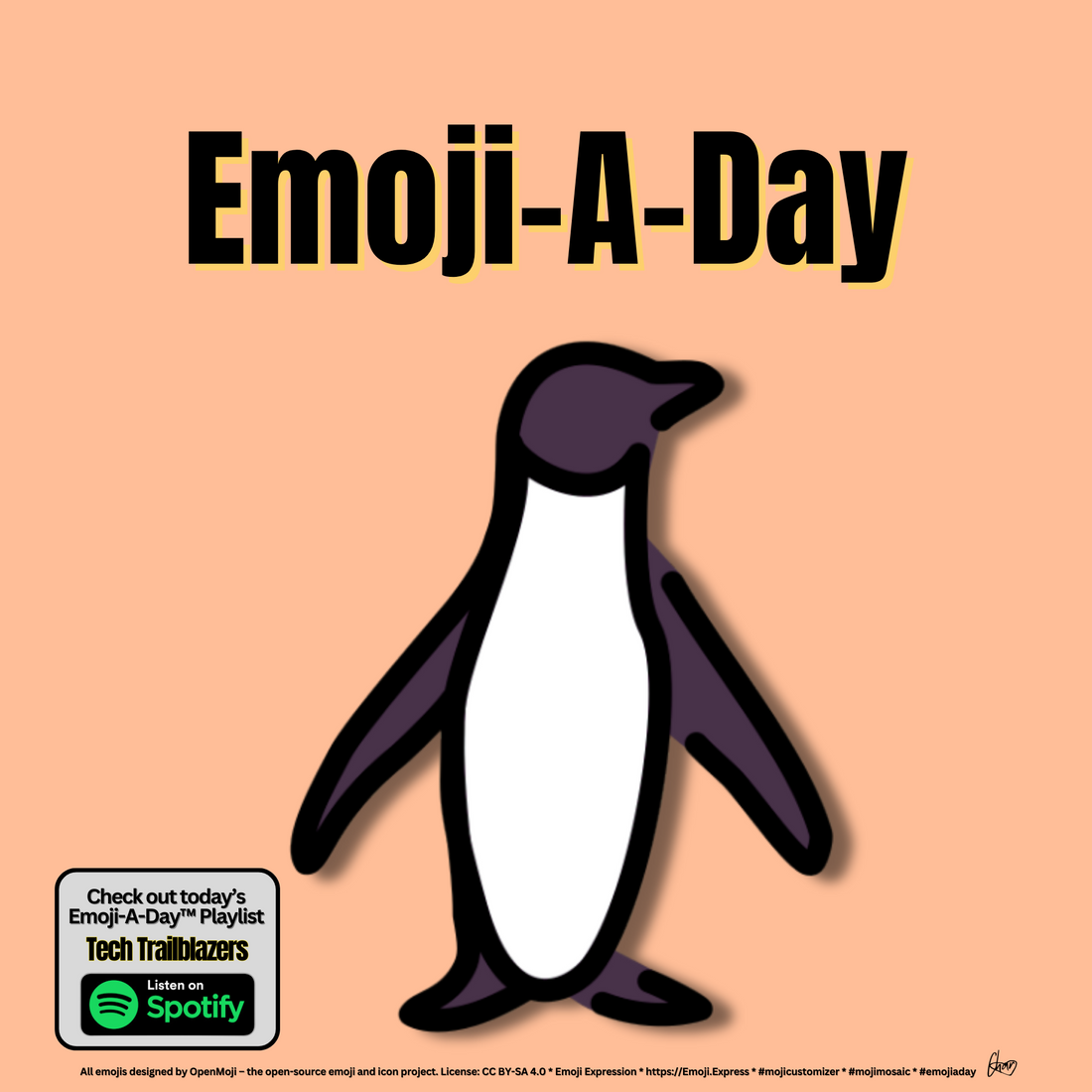 Emoij-A-Day theme with Penguin emoji and Tech Trailblazers Spotify Playlist
