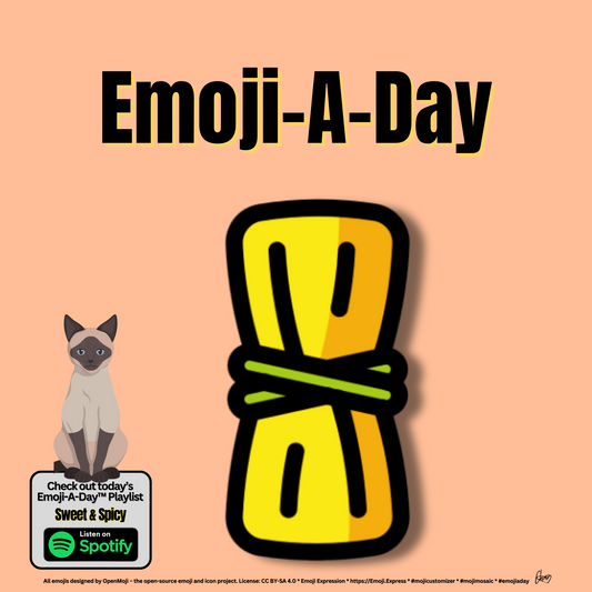 Emoij-A-Day theme with Tamale emoji and Sweet & Spicy Spotify Playlist with a cute Emry (siamese cat with striking bright blue eyes) sitting on top of the "Listen on Spotify" box.