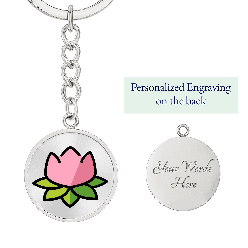 Lotus Moji Circle Silver Keychain Engraved