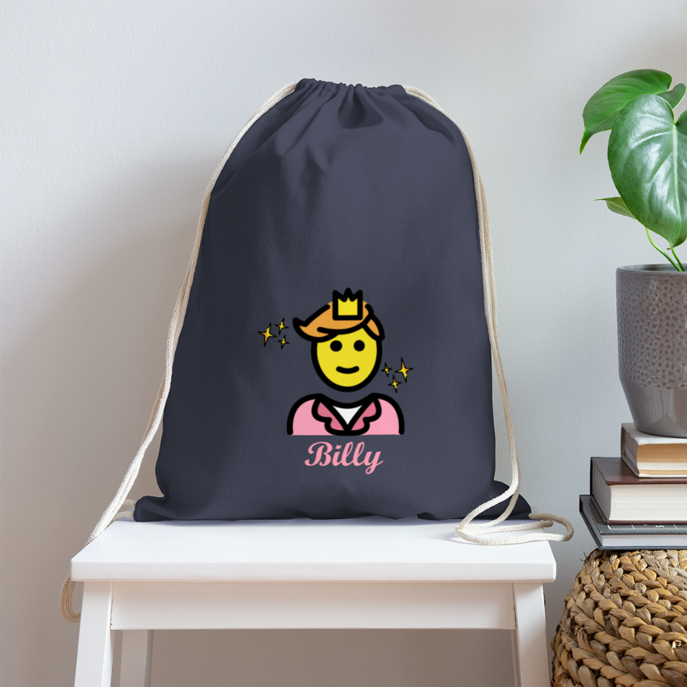 Customizable Man Wearing Crown + Sparkle Moji + Billy Text Drawstring Back Pack (18x14) - Emoji.Express - navy