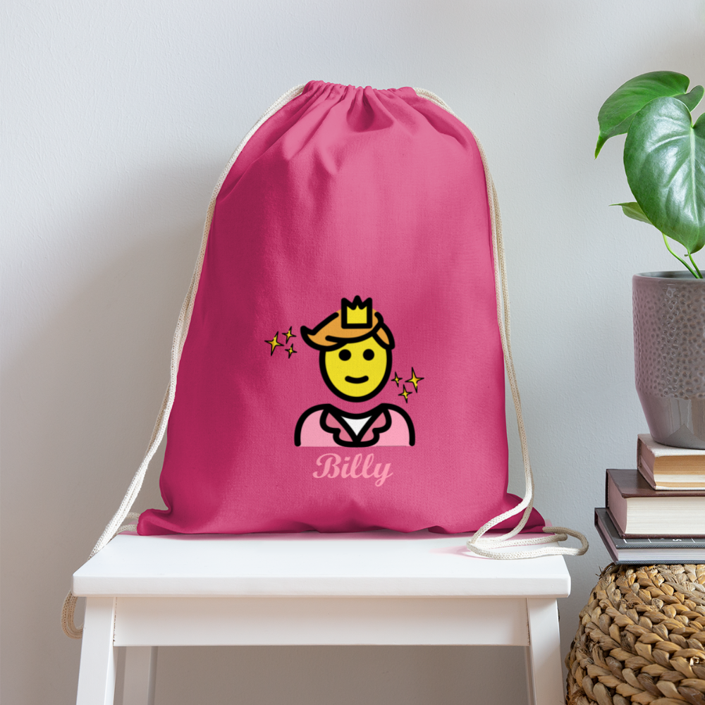 Customizable Man Wearing Crown + Sparkle Moji + Billy Text Drawstring Back Pack (18x14) - Emoji.Express - pink