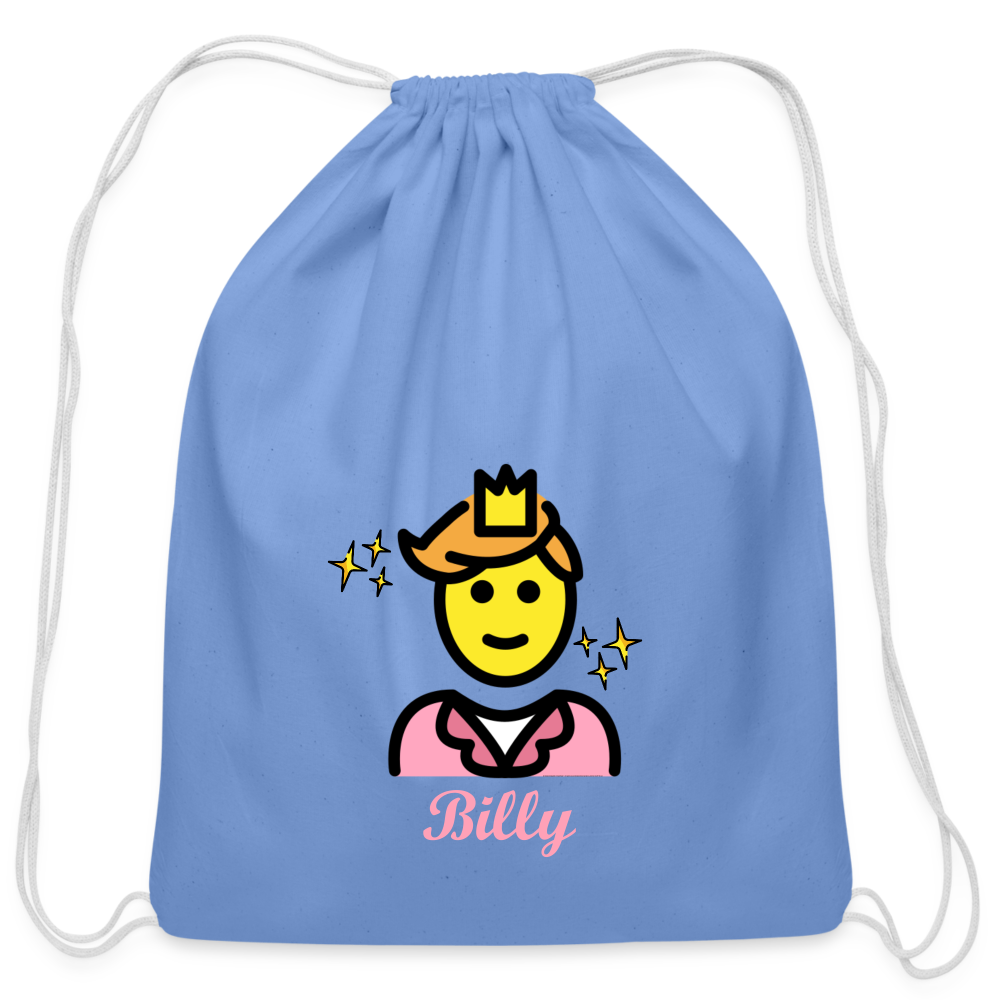 Customizable Man Wearing Crown + Sparkle Moji + Billy Text Drawstring Back Pack (18x14) - Emoji.Express - carolina blue