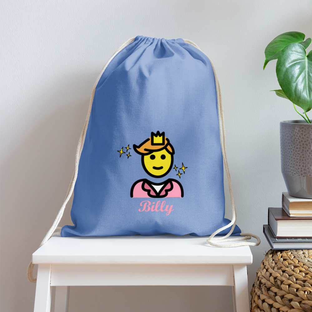 Customizable Man Wearing Crown + Sparkle Moji + Billy Text Drawstring Back Pack (18x14) - Emoji.Express - carolina blue