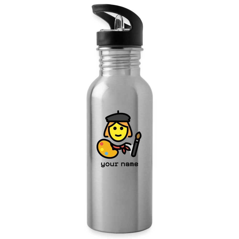 Customizable Woman Artist + Paintbrush Moji + Je Suis Un Artiste Text (Two-Sided Print) Water Bottle - Emoji.Express - silver