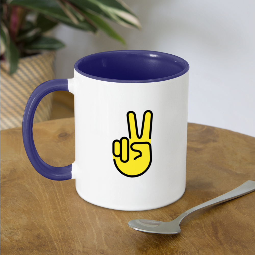 Customizable Peace Symbol + Victory Hand Moji (Two-Sided) Contrast Coffee Mug - Emoji.Express - white/cobalt blue