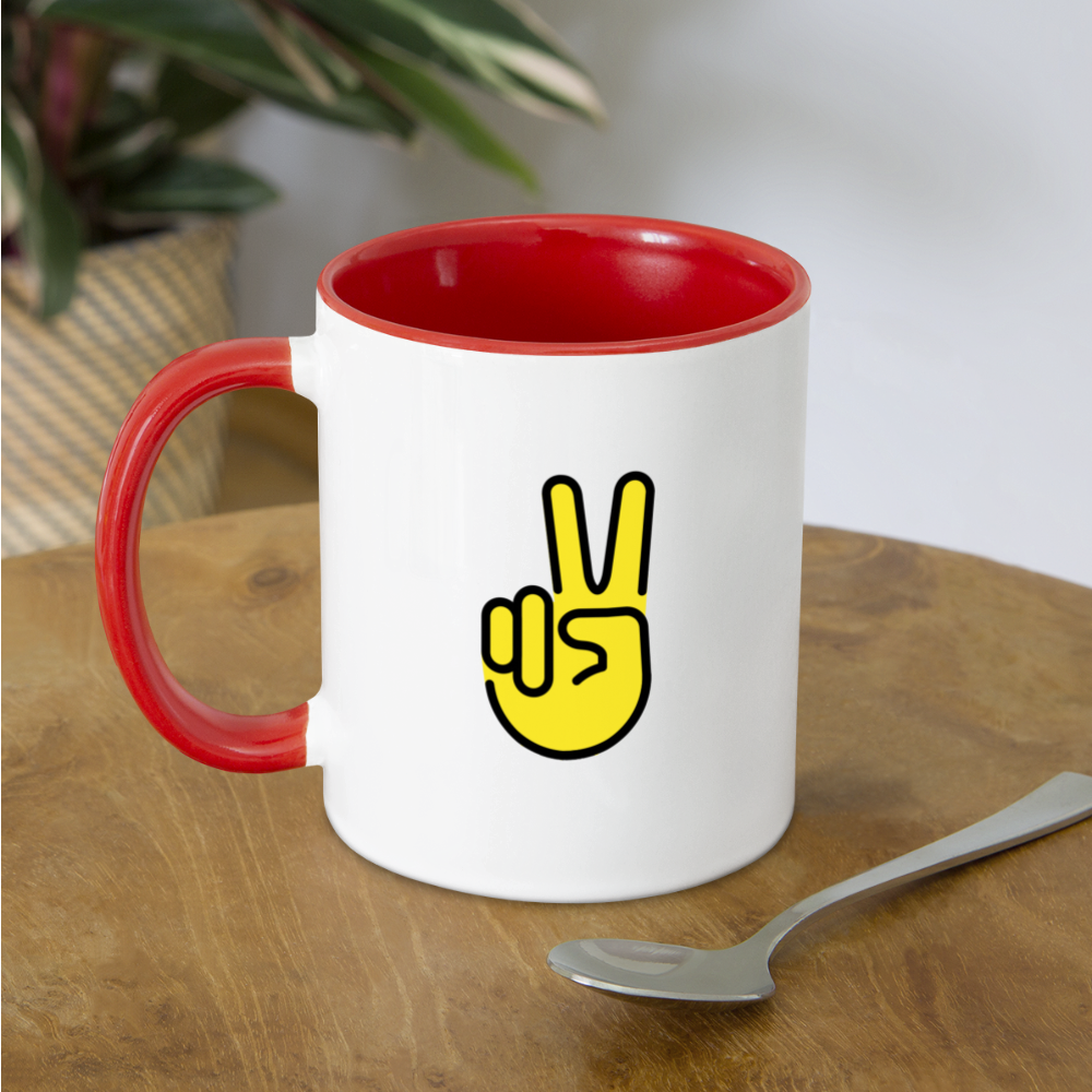 Customizable Peace Symbol + Victory Hand Moji (Two-Sided) Contrast Coffee Mug - Emoji.Express - white/red