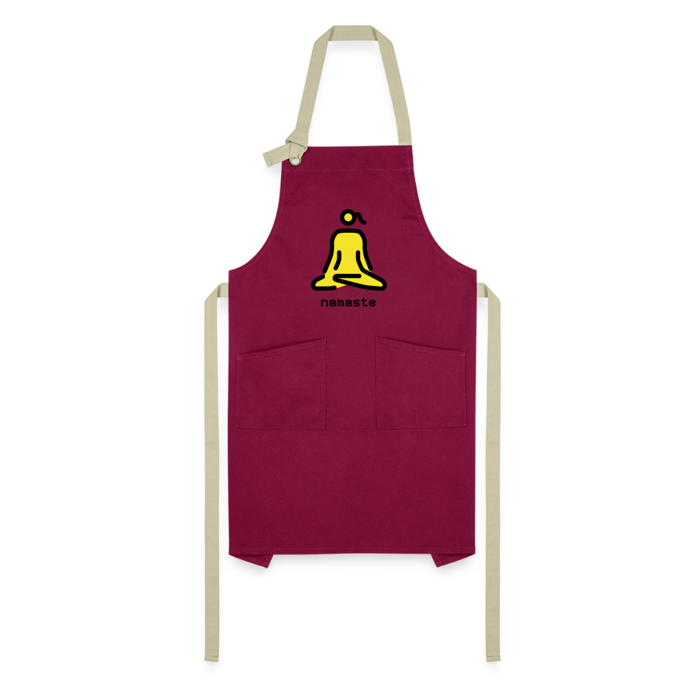 Customizable Woman in Lotus Position Moji + Namaste Text Artisan Apron - Emoji.Express - burgundy/khaki