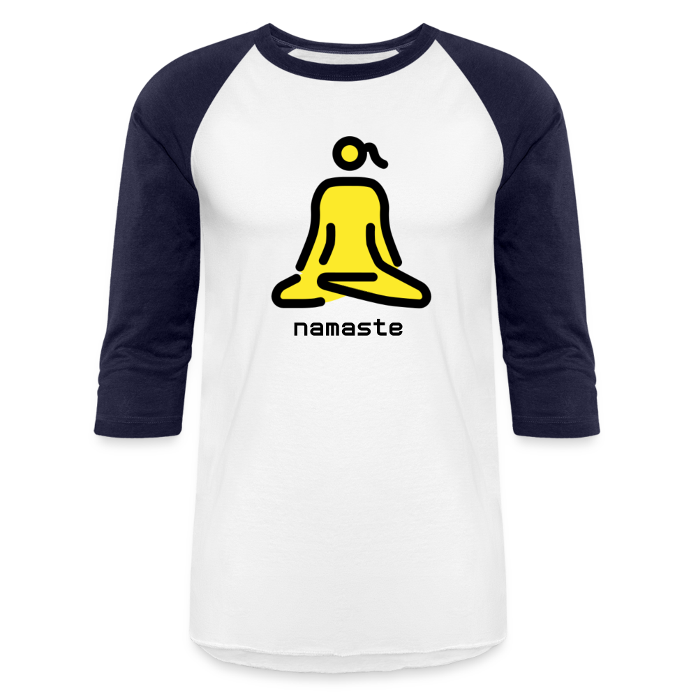 Customizable Woman in Lotus Position Moji + Namaste Text Baseball T-Shirt - Emoji.Express - white/navy