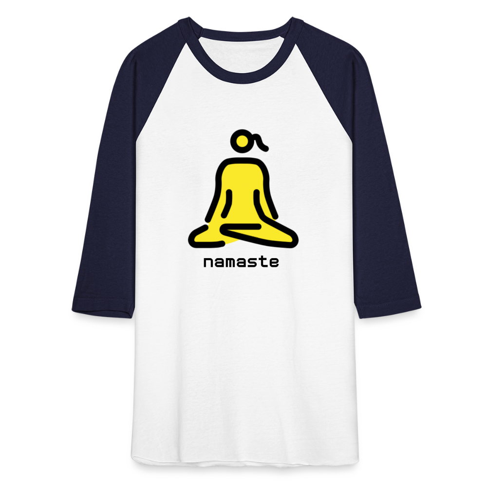 Customizable Woman in Lotus Position Moji + Namaste Text Baseball T-Shirt - Emoji.Express - white/navy