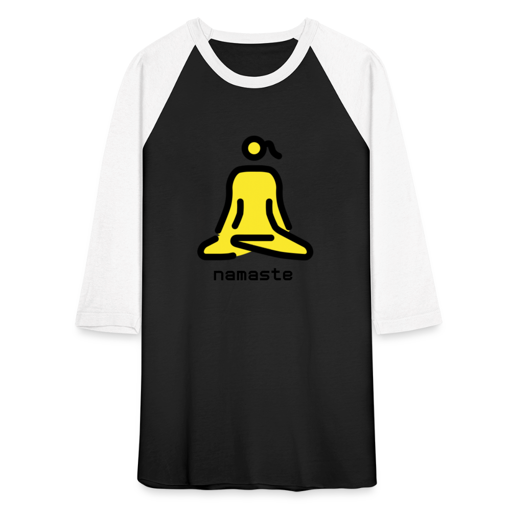 Customizable Woman in Lotus Position Moji + Namaste Text Baseball T-Shirt - Emoji.Express - black/white