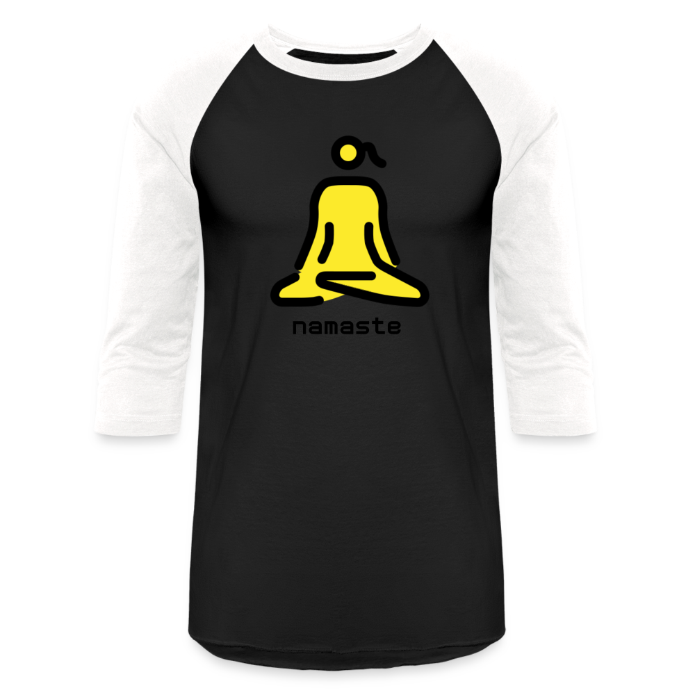 Customizable Woman in Lotus Position Moji + Namaste Text Baseball T-Shirt - Emoji.Express - black/white