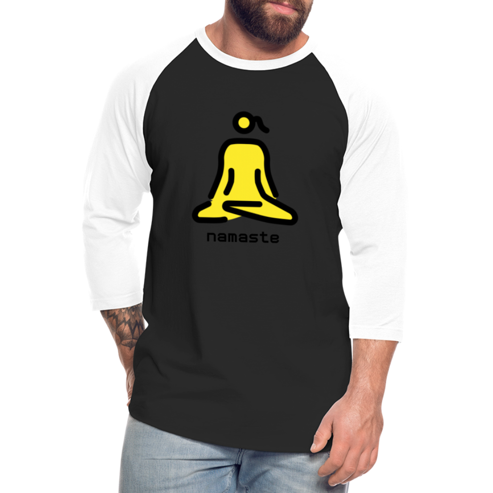 Customizable Woman in Lotus Position Moji + Namaste Text Baseball T-Shirt - Emoji.Express - black/white