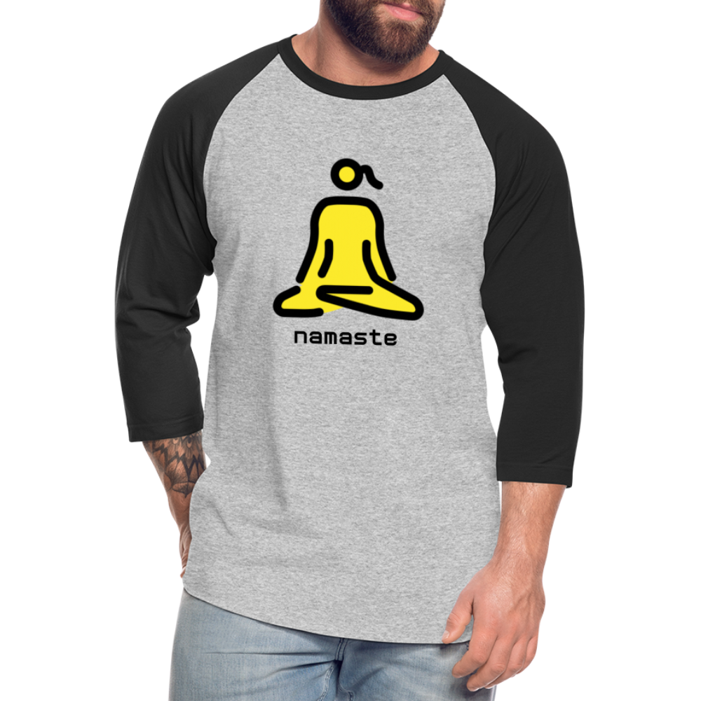 Customizable Woman in Lotus Position Moji + Namaste Text Baseball T-Shirt - Emoji.Express - heather gray/black