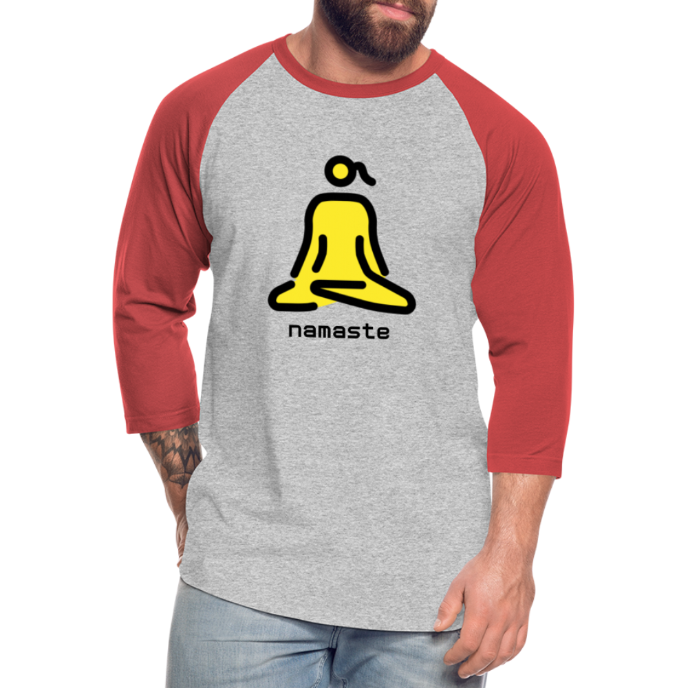 Customizable Woman in Lotus Position Moji + Namaste Text Baseball T-Shirt - Emoji.Express - heather gray/red