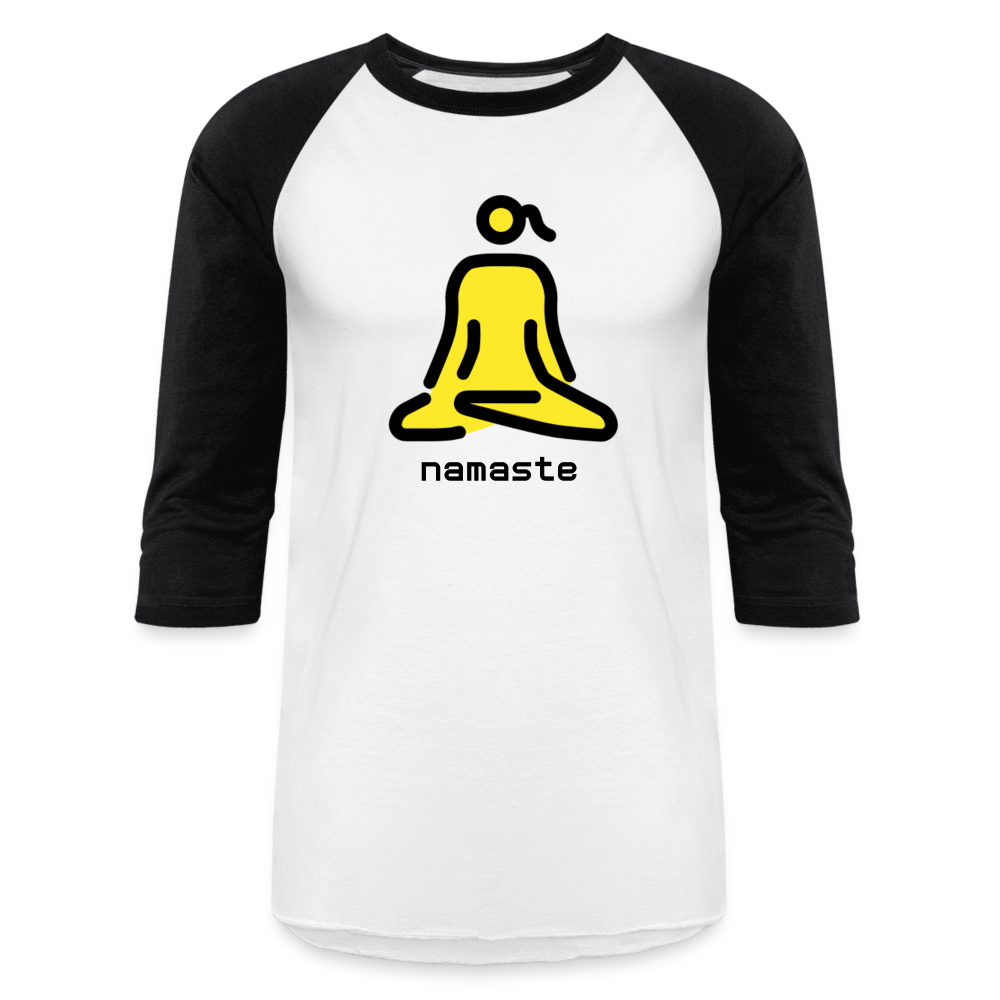 Customizable Woman in Lotus Position Moji + Namaste Text Baseball T-Shirt - Emoji.Express - white/black