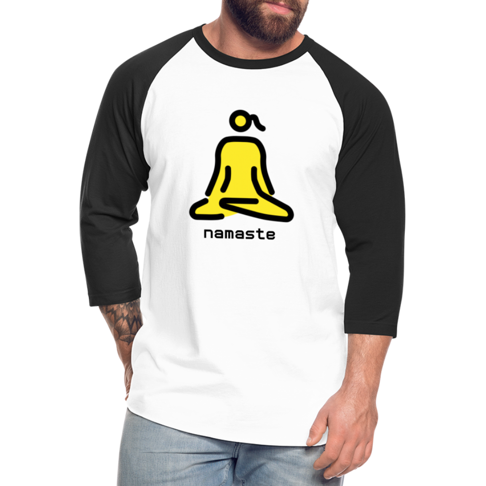 Customizable Woman in Lotus Position Moji + Namaste Text Baseball T-Shirt - Emoji.Express - white/black