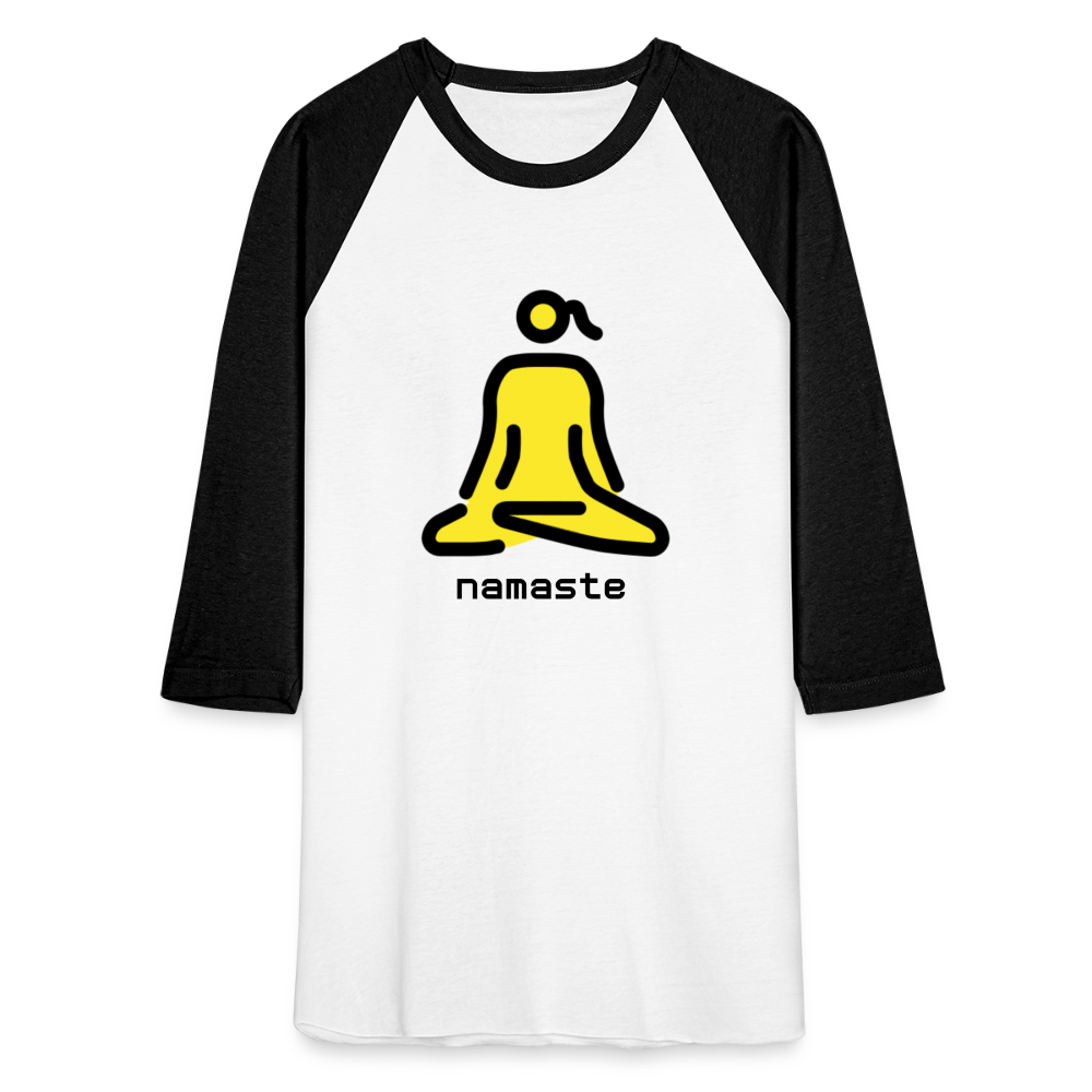 Customizable Woman in Lotus Position Moji + Namaste Text Baseball T-Shirt - Emoji.Express - white/black