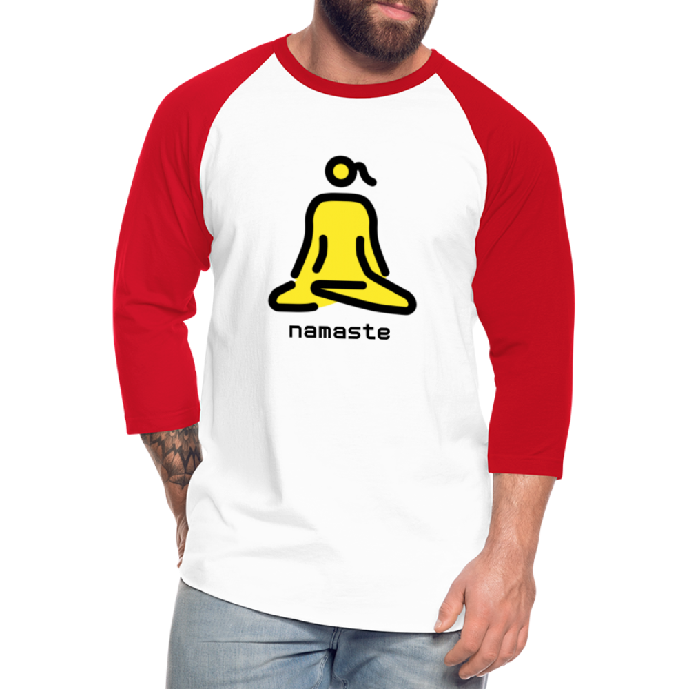 Customizable Woman in Lotus Position Moji + Namaste Text Baseball T-Shirt - Emoji.Express - white/red