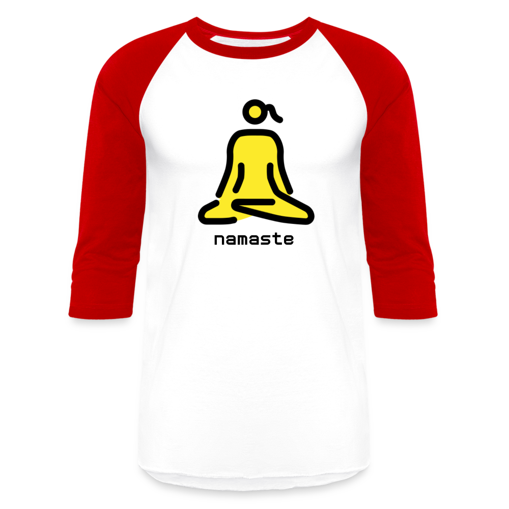 Customizable Woman in Lotus Position Moji + Namaste Text Baseball T-Shirt - Emoji.Express - white/red