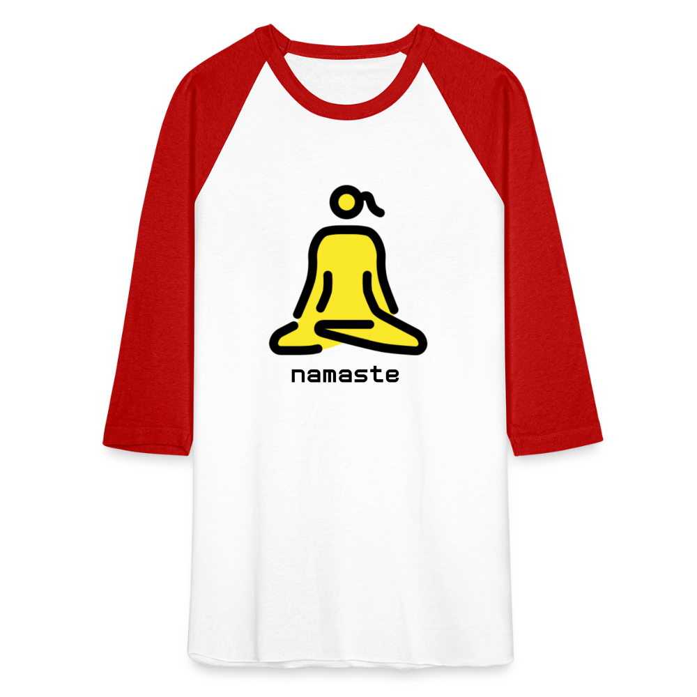 Customizable Woman in Lotus Position Moji + Namaste Text Baseball T-Shirt - Emoji.Express - white/red