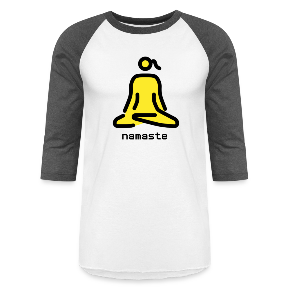 Customizable Woman in Lotus Position Moji + Namaste Text Baseball T-Shirt - Emoji.Express - white/charcoal