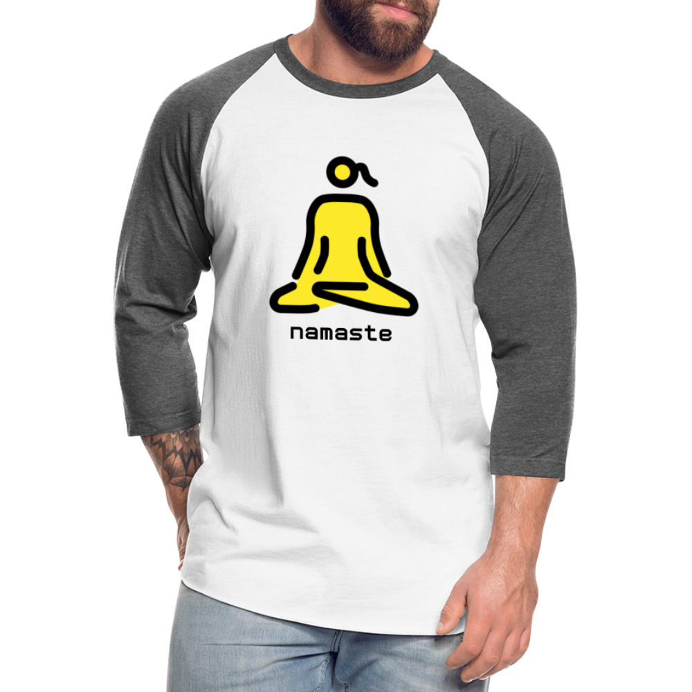 Customizable Woman in Lotus Position Moji + Namaste Text Baseball T-Shirt - Emoji.Express - white/charcoal