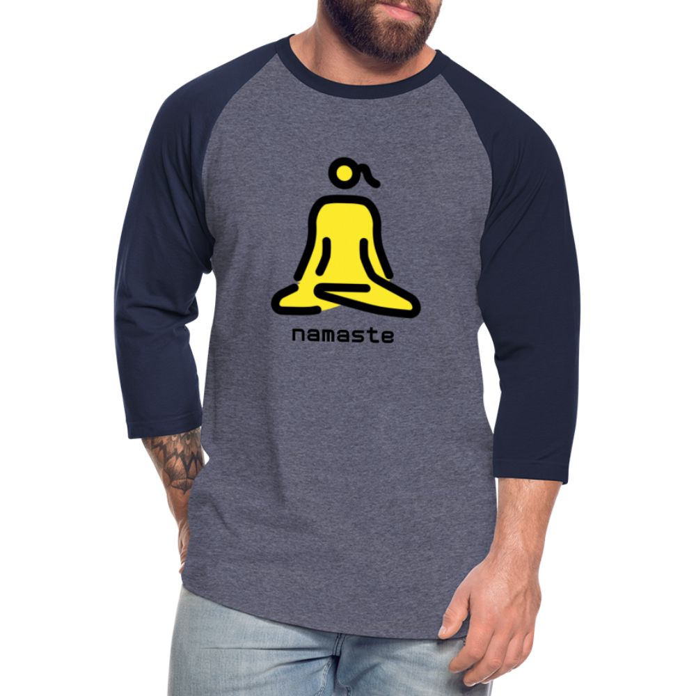 Customizable Woman in Lotus Position Moji + Namaste Text Baseball T-Shirt - Emoji.Express - heather blue/navy