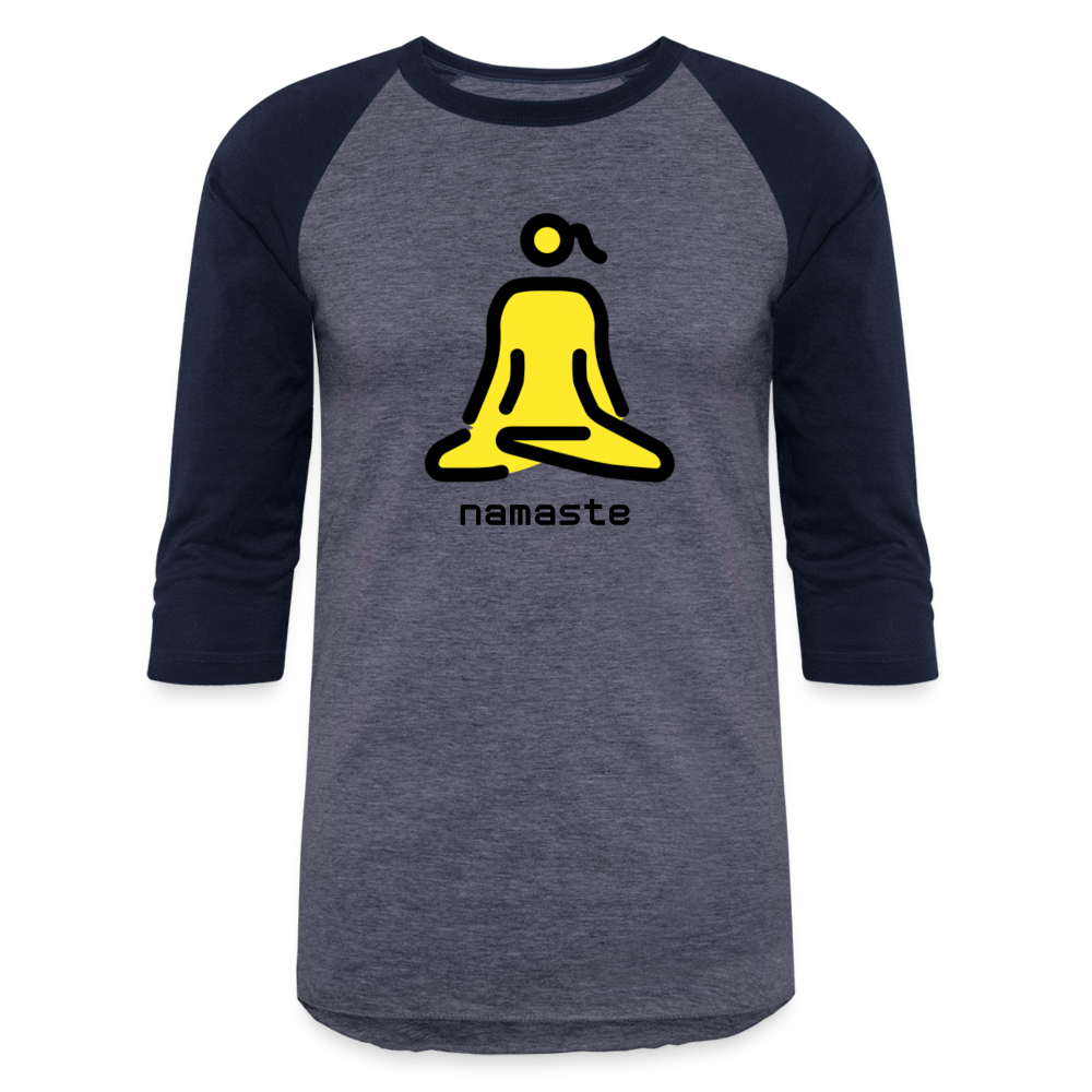 Customizable Woman in Lotus Position Moji + Namaste Text Baseball T-Shirt - Emoji.Express - heather blue/navy