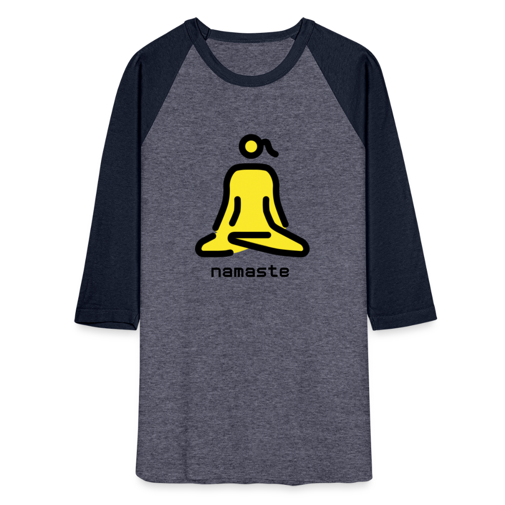 Customizable Woman in Lotus Position Moji + Namaste Text Baseball T-Shirt - Emoji.Express - heather blue/navy