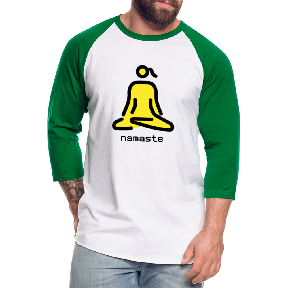 Customizable Woman in Lotus Position Moji + Namaste Text Baseball T-Shirt - Emoji.Express - white/kelly green