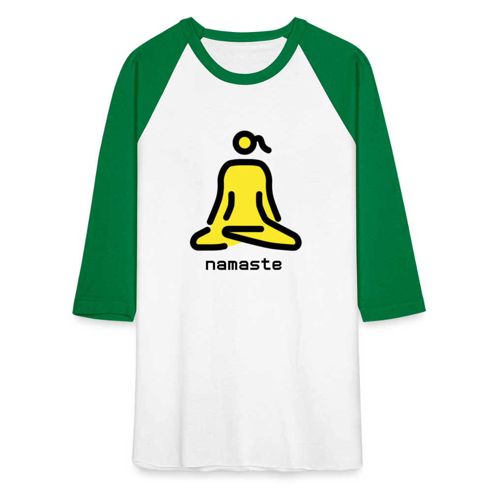 Customizable Woman in Lotus Position Moji + Namaste Text Baseball T-Shirt - Emoji.Express - white/kelly green