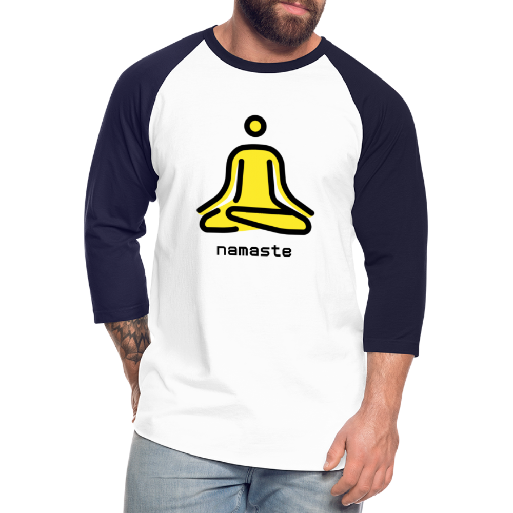Customizable Person in Lotus Position Moji + Namaste Text Unisex Baseball T-Shirt - Emoji.Express - white/navy