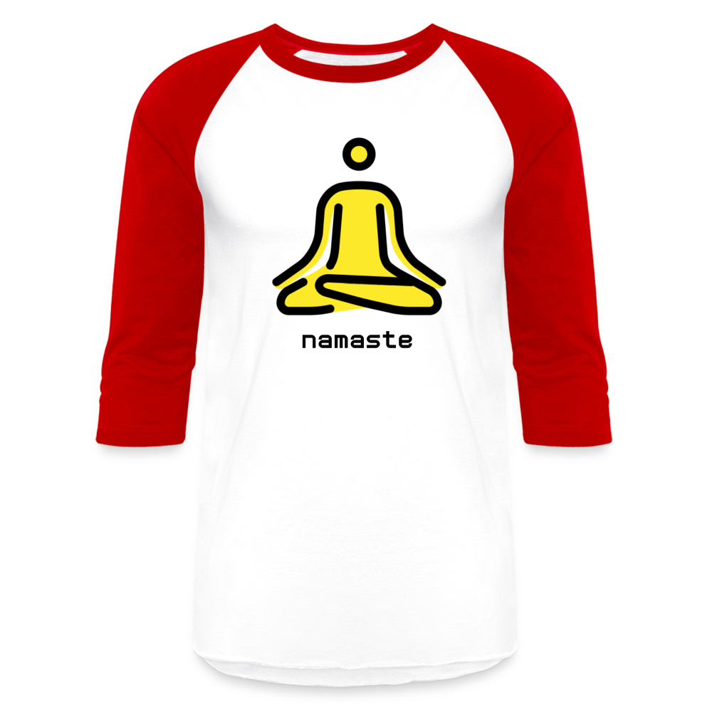 Customizable Person in Lotus Position Moji + Namaste Text Unisex Baseball T-Shirt - Emoji.Express - white/red