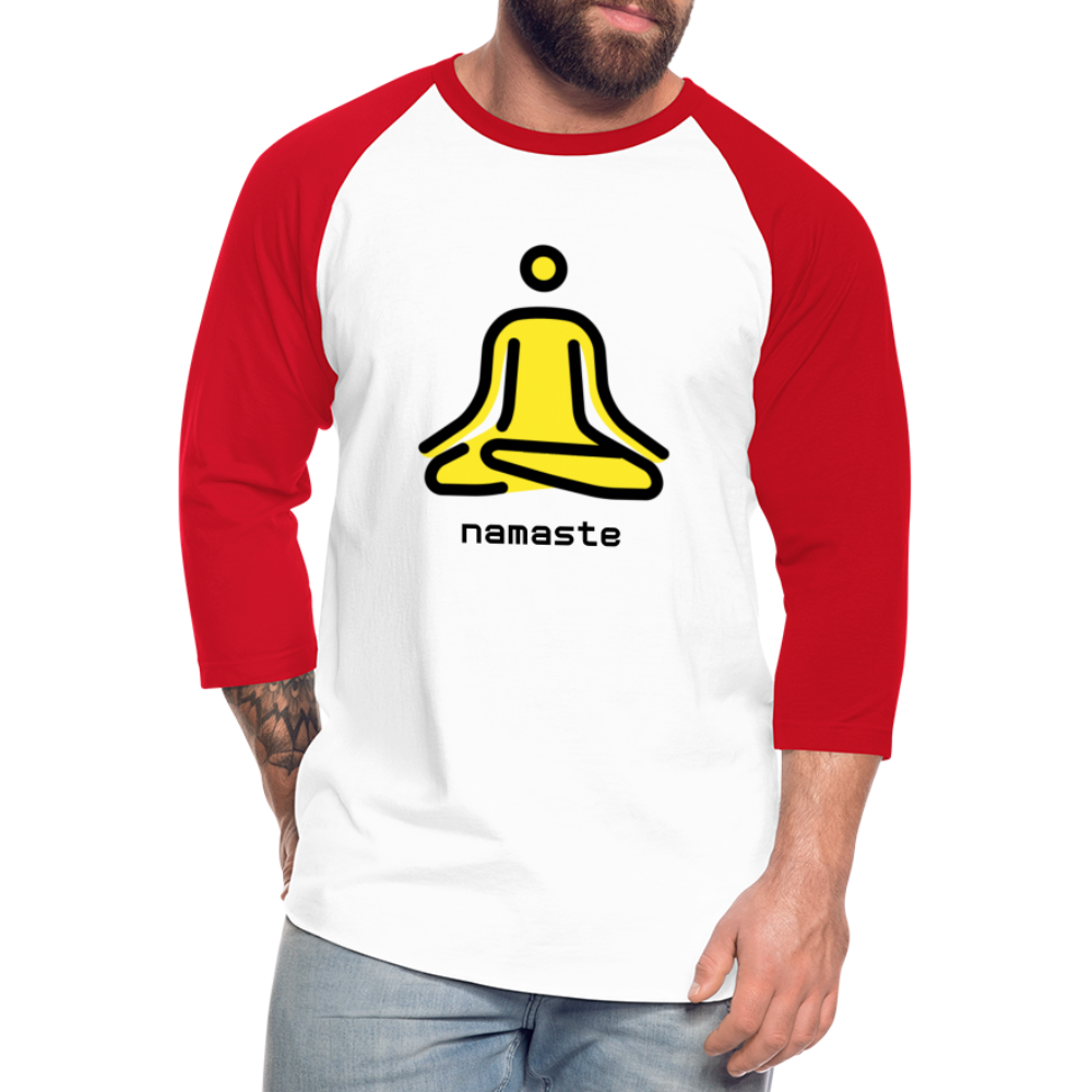 Customizable Person in Lotus Position Moji + Namaste Text Unisex Baseball T-Shirt - Emoji.Express - white/red