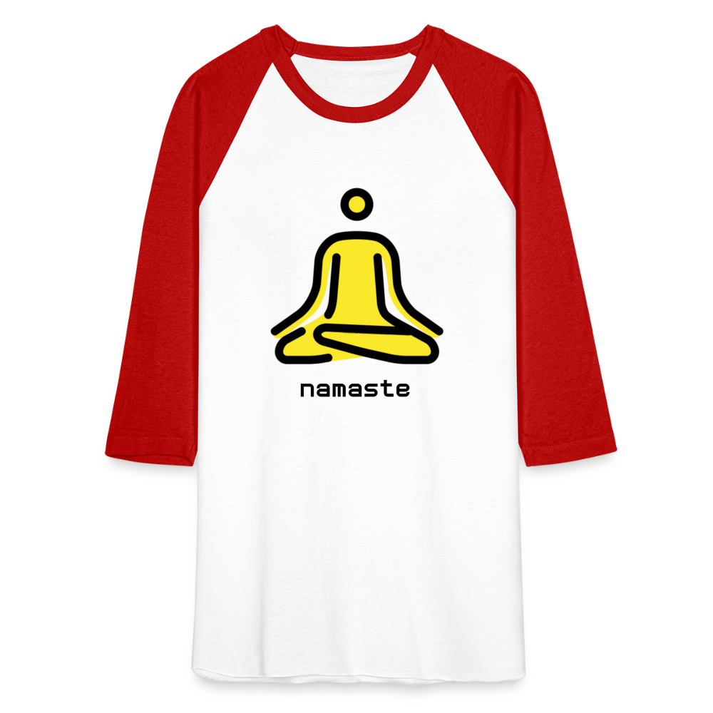 Customizable Person in Lotus Position Moji + Namaste Text Unisex Baseball T-Shirt - Emoji.Express - white/red