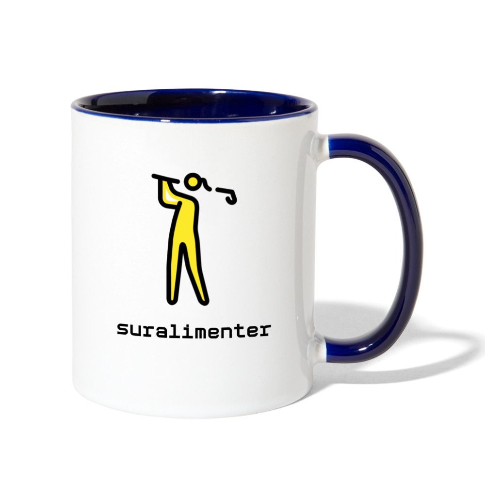 Customizable Woman Golfing Moji + Suralimenter Text (Two-Sided) Contrast Coffee Mug - Emoji.Express - white/cobalt blue