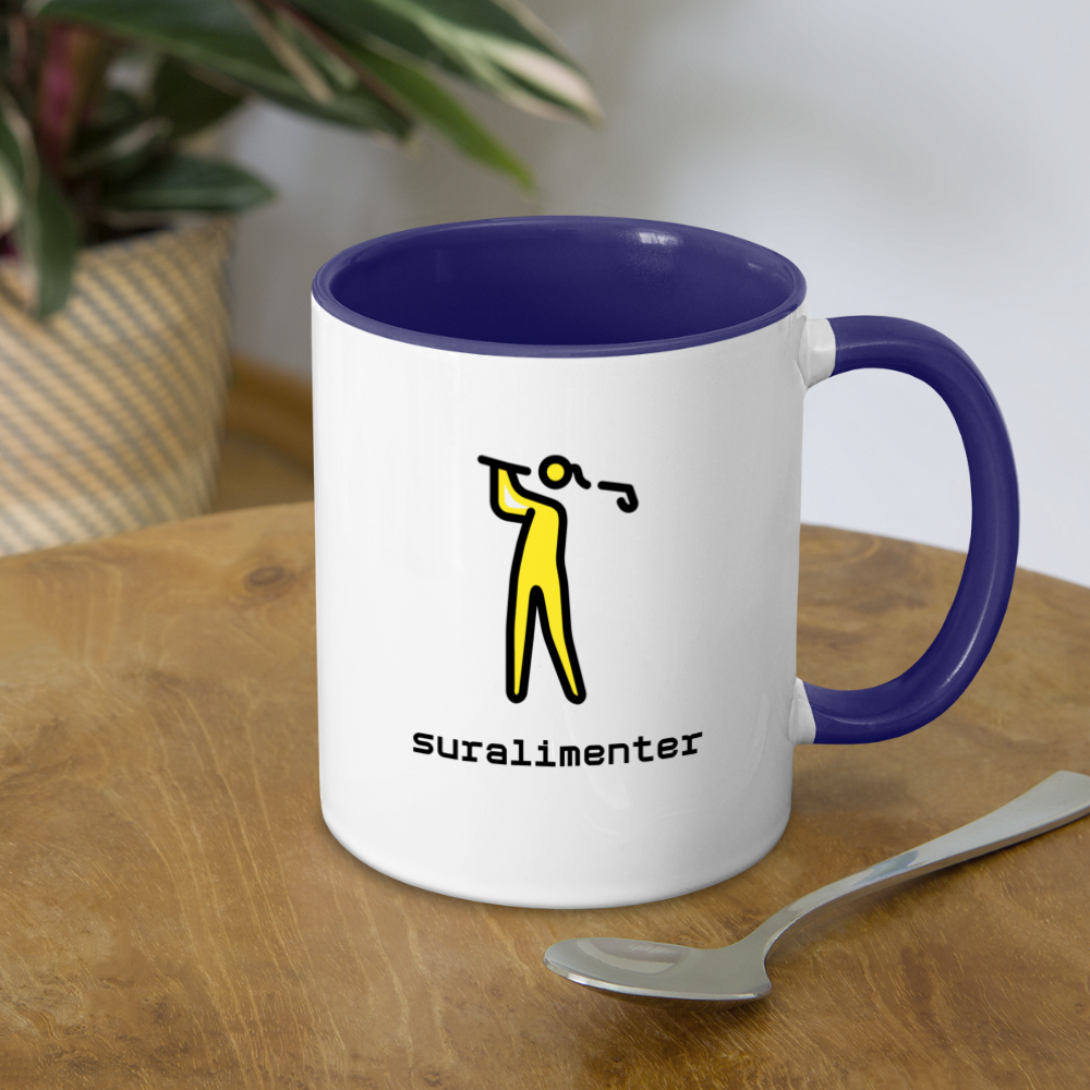 Customizable Woman Golfing Moji + Suralimenter Text (Two-Sided) Contrast Coffee Mug - Emoji.Express - white/cobalt blue