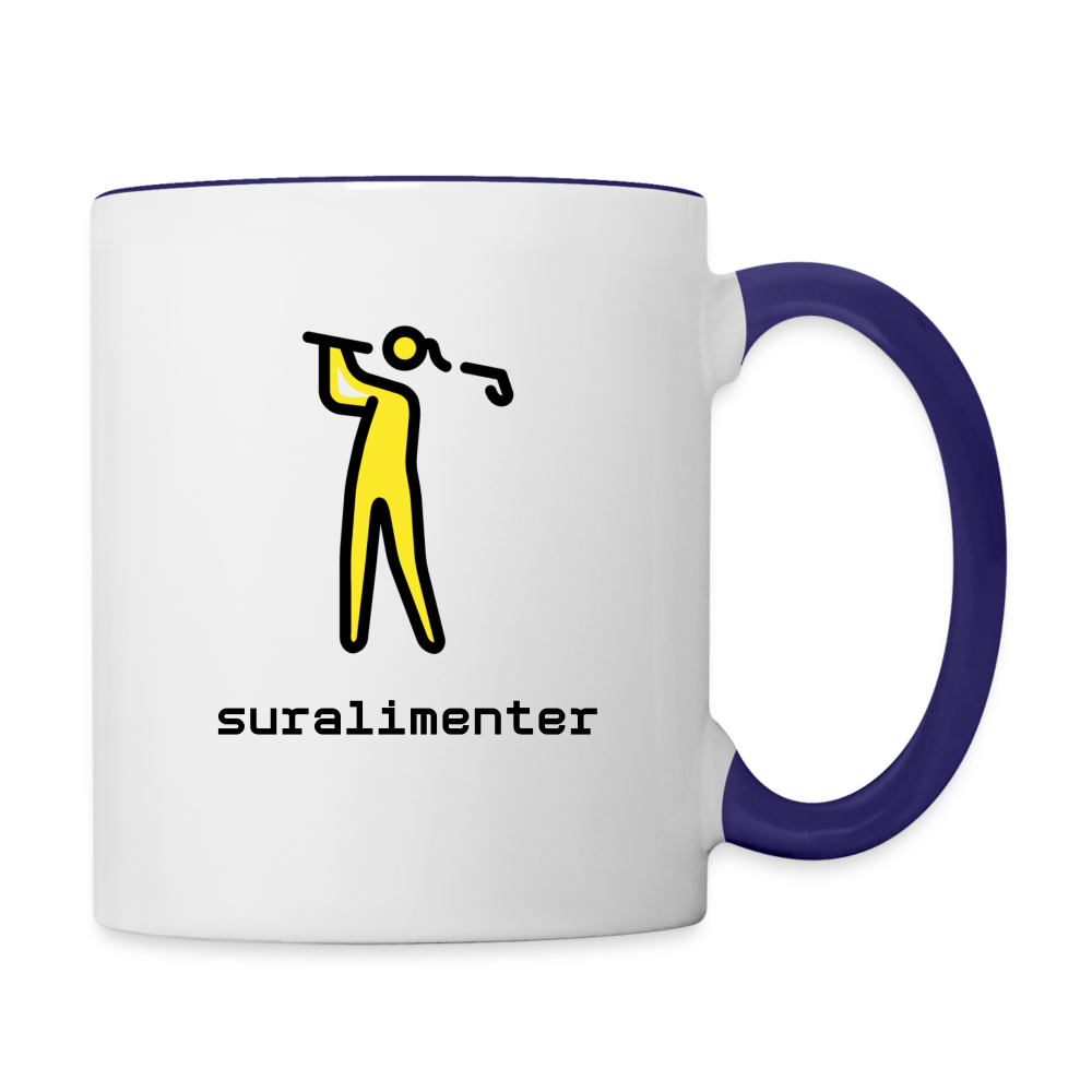 Customizable Woman Golfing Moji + Suralimenter Text (Two-Sided) Contrast Coffee Mug - Emoji.Express - white/cobalt blue