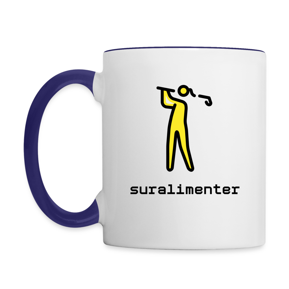 Customizable Woman Golfing Moji + Suralimenter Text (Two-Sided) Contrast Coffee Mug - Emoji.Express - white/cobalt blue