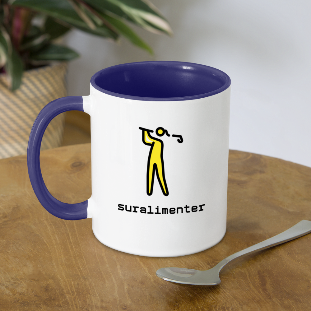 Customizable Woman Golfing Moji + Suralimenter Text (Two-Sided) Contrast Coffee Mug - Emoji.Express - white/cobalt blue