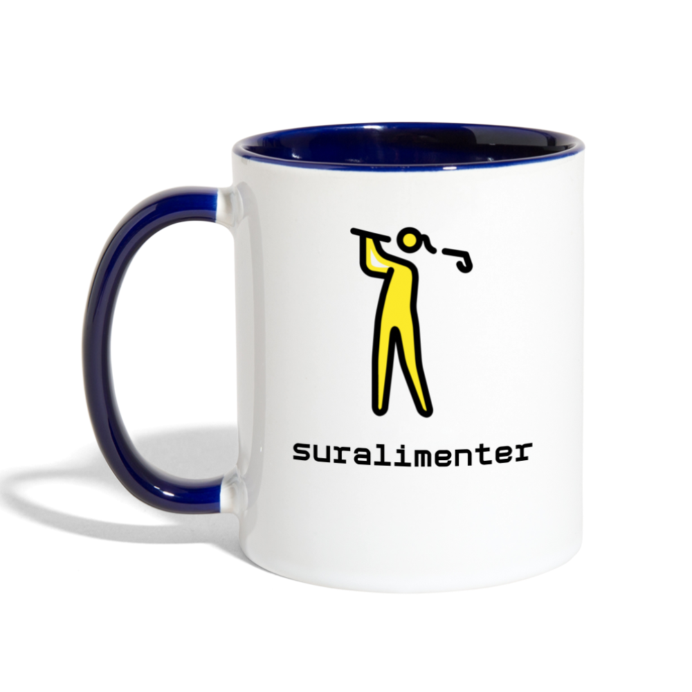 Customizable Woman Golfing Moji + Suralimenter Text (Two-Sided) Contrast Coffee Mug - Emoji.Express - white/cobalt blue